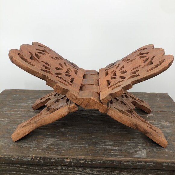 Carved Teak Wood Book Holder Stand Towels Napkins Cookbooks Vintage Floral Leaf - Picture 3 of 11